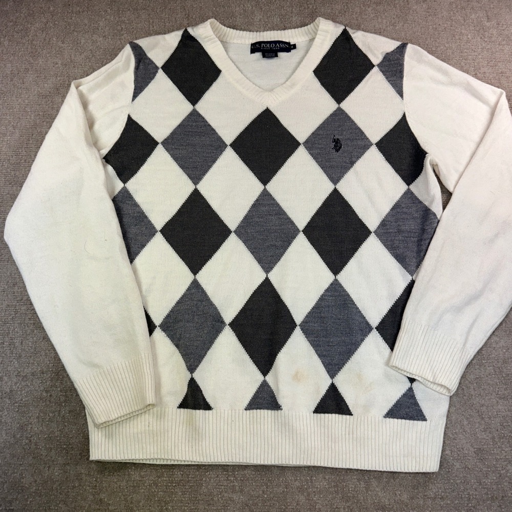 US Polo Assn Mens Argyle V-Neck Sweater White Grey Size M Preppy Knit Pullover